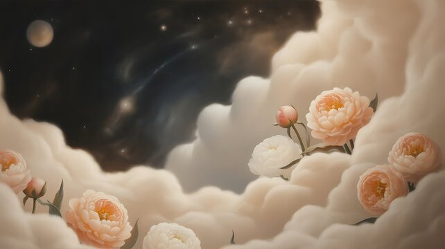 Surreal dreamscape with peach and white peonies floating in clouds under a starry night sky with a moon