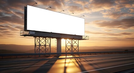 Large blank billboard sign along a highway during sunset with long shadows and a vibrant sky, ready for advertisement