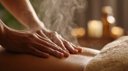 A soothing massage scene with warm steam, candles, and a relaxing atmosphere, promoting wellness and tranquility.