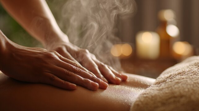 A soothing massage scene with warm steam, candles, and a relaxing atmosphere, promoting wellness and tranquility.