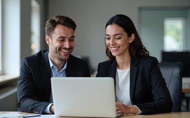 Two happy professional business partners executive leaders managers wearing suits working in office looking at computer technology discussing digital strategy together at corporate meeting. Vertical