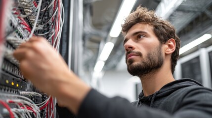 A technician works intently with cables in a server room, demonstrating expertise in managing complex data infrastructure.