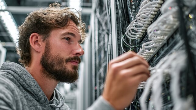 A technician adjusts cables in a data center, focused on maintaining the server's functionality.