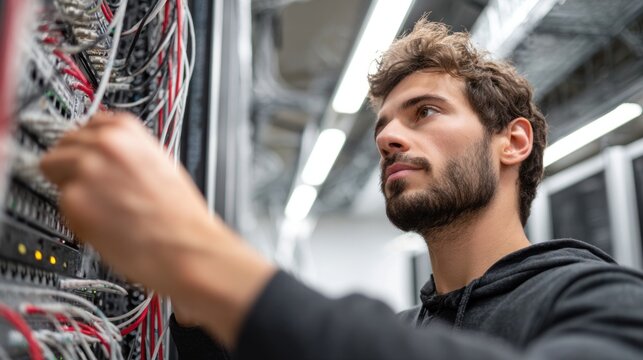 A technician works intently with cables in a server room, demonstrating expertise in managing complex data infrastructure.
