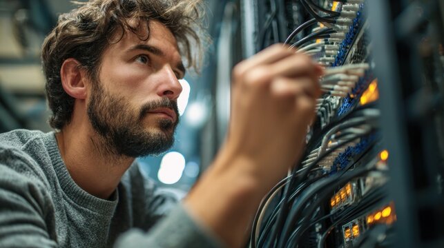 A focused technician adjusts cables and connections in a data center, showcasing the intricacies of network management and technology.