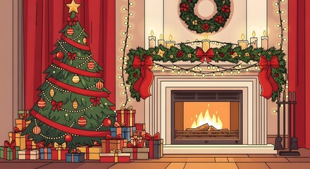 Cozy Christmas living room with fireplace, decorated tree, and gifts. Winter holiday celebration, Eve and New Year background. Cartoon flat illustration