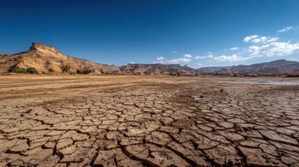 A vast, arid landscape with cracked earth and rocky formations under a bright blue sky, showcasing the effects of drought or desert conditions.
