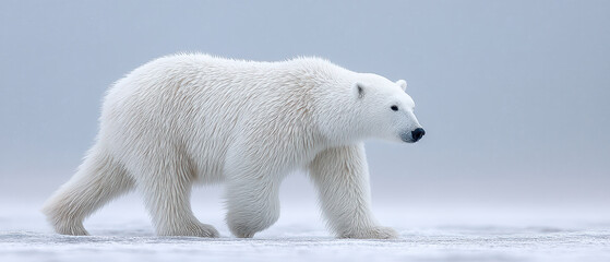 Fototapeta premium Majestic polar bear walks gracefully across snowy landscape showcasing beauty of wild animals in their natural habitat. serene environment highlights bear striking white fur and powerful presence