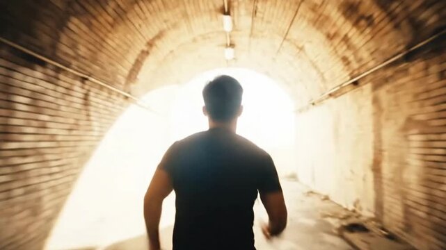 A man's silhouette running fast through a dark brick tunnel towards a bright light at the end