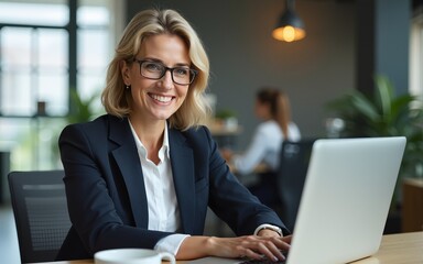Happy mature business woman entrepreneur in office using laptop at work, smiling professional middle aged 40 years old female company executive wearing suit working on computer. Genrative.ai