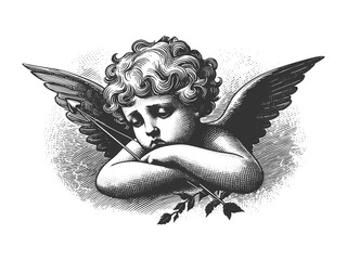 Obraz premium sorrowful cherub angel sitting with head bowed and wings folded sketch engraving generative ai fictional character raster illustration. Scratch board imitation. Black and white image.