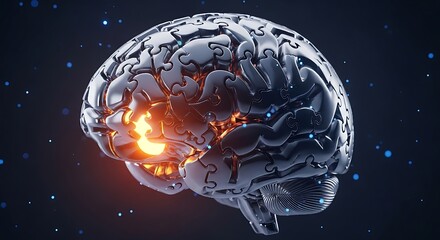 3D brain as complex jigsaw with glowing pieces symbolizing ideas,artificial intelligence, neural complexity, and the fusion of human cognition with advanced technology."