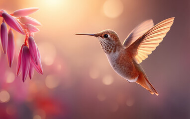 Obraz premium Vibrant hummingbird hovers gracefully near delicate pink flowers, showcasing beauty of wild animals nature. soft light creates magical atmosphere, highlighting intricate details of both bird