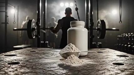 Protein powder and a blank supplement bottle sit on a table, with strong athletes lifting heavy weights in a dark, dramatic gym setting. Focus on sports nutrition and intense workout.