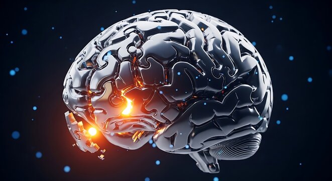 3D brain as complex jigsaw with glowing pieces symbolizing ideas,artificial intelligence, neural complexity, and the fusion of human cognition with advanced technology."