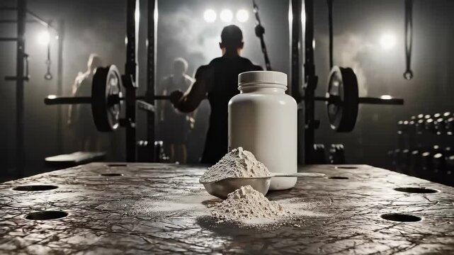 Protein powder and a blank supplement bottle sit on a table, with strong athletes lifting heavy weights in a dark, dramatic gym setting. Focus on sports nutrition and intense workout.