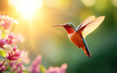 Obraz premium Vibrant hummingbird hovers gracefully among colorful flowers, illuminated by warm glow of sunlight. This enchanting scene captures beauty of wild animals in their natural habitat