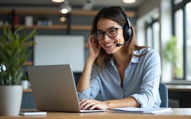 Middle age hispanic woman business worker using laptop and headphones smiling at the office. High quality