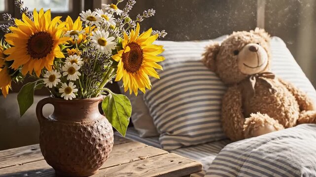 Flowers in Brown Vase on Wooden Nightstand Next to Single Bed with Striped Bedding and Teddy Bear, Cozy Bedroom Scene, Home Decor, and Warm Interior Design Concept