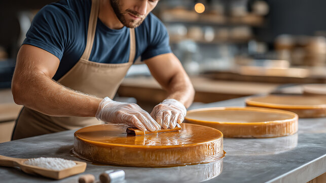 Male artisan preparing traditional caramel dessert in kitchen setting