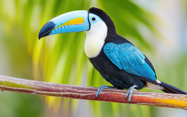 Naklejka premium Vibrant wild animal perched on colorful branch showcases its striking blue and black feathers. This beautiful bird captivates with its unique beak and lively presence in nature
