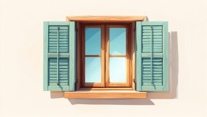 Obraz premium Wooden window with open teal shutters against a pale wall, casting a shadow