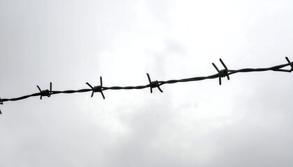 Close-up of barbed wire against a cloudy, overcast sky. Restrictive fencing, sharp points, safety concern