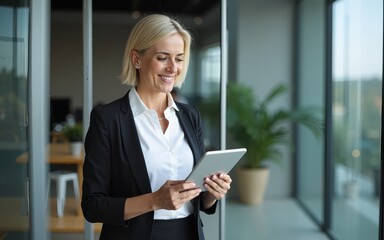 Busy middle aged professional business woman using tab computer in office. Mature lady manager, older female corporate executive holding tablet standing at work, authentic shot. View through glass