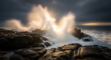 Powerful ocean waves crashing against rocky shoreline during a stormy day with dark clouds overhead
