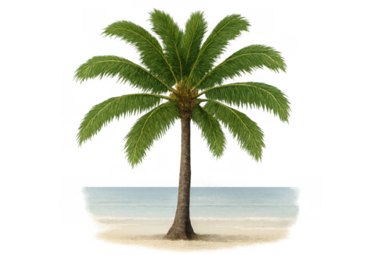 Palm tree standing on sandy beach with ocean in background, tropical vacation and summer travel element with transparent background - Powered by Adobe