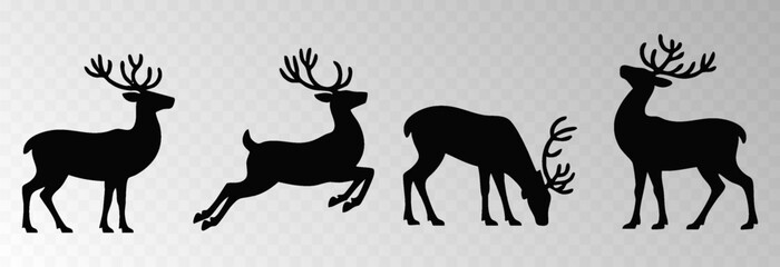 Reindeer png with a big decorative harness walking in snowy forest surrounded by Christmas trees, isolated on transparent background, space for holiday sale text, luxury New Year card vector