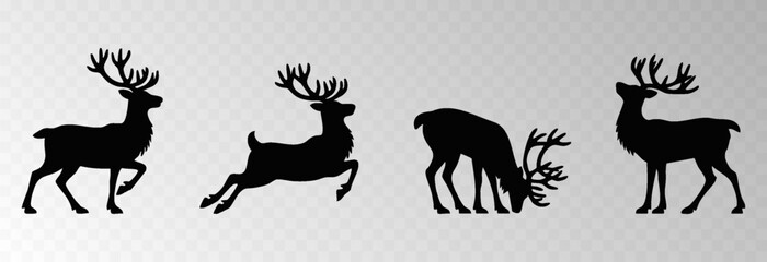 Reindeer png with a big decorative harness walking in snowy forest surrounded by Christmas trees, isolated on transparent background, space for holiday sale text, luxury New Year card vector