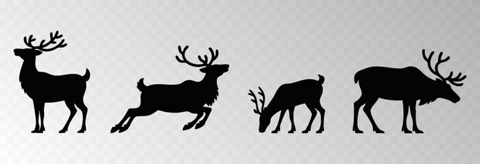 Reindeer png with a big decorative harness walking in snowy forest surrounded by Christmas trees, isolated on transparent background, space for holiday sale text, luxury New Year card vector