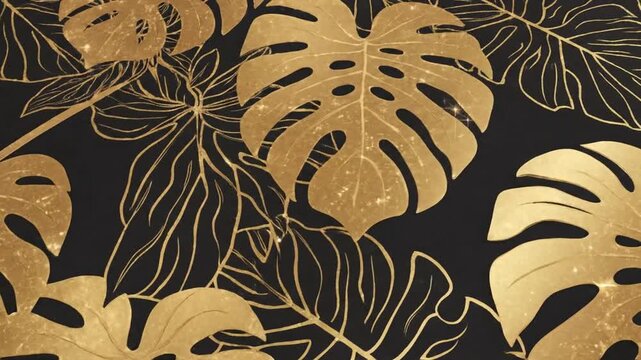 Golden Tropical Foliage Vector Illustration with Luxury Floral Pattern, Monstera and Split-Leaf Philodendron Leaves in Detailed Line Art, Decorative Nature Background