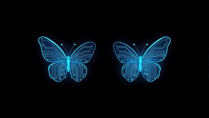 Two glowing blue butterflies with circuit board patterns, set against a black background