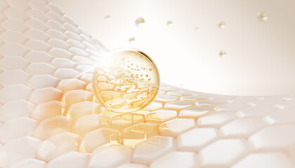 3d skin cells with oil drop texture. Epidermis hexagon pattern with retinol serum bubble. Gold essence gel for glowing. Golden skincare argan cosmetic droplet. Yellow honey face mask. 3D illustration
