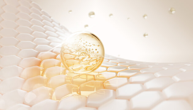 3d skin cells with oil drop texture. Epidermis hexagon pattern with retinol serum bubble. Gold essence gel for glowing. Golden skincare argan cosmetic droplet. Yellow honey face mask. 3D illustration