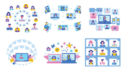 Diverse group of professionals collaborating remotely connecting online through digital devices and virtual communication tools symbolizing teamwork and modern work environments