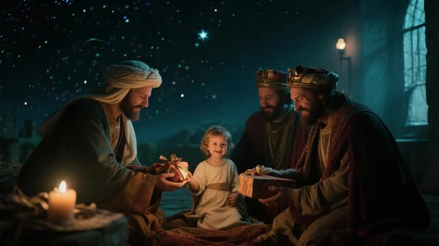 Three Wise Men Present Gifts to a Child Under a Starry Night Sky