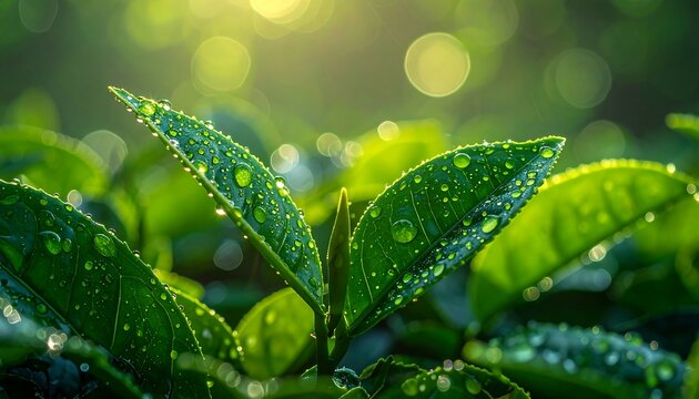Close-up of bright green leaves covered in water droplets, bathed in golden sunlight with soft, blurred bokeh