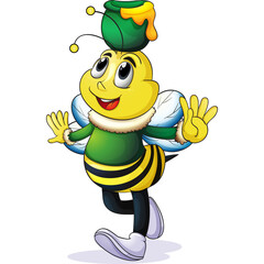Cartoon Bee Wearing Green Hat With Honey Pot Balancing On Head And Smiling With Transparent Background