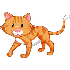 Cartoon Orange Tabby Cat Standing On Transparent Background Showing Pink Tongue White Chest Fur And Bushy Tail Simple Art Style