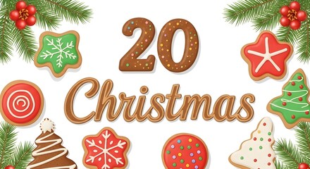 Festive christmas number twenty decorated with homemade cookies and pine branches
