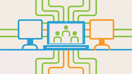 Diverse group of colleagues collaborating and connecting remotely through digital devices illustrating modern teamwork and online communication in a flat vector art style