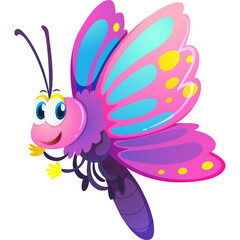 Cheerful cartoon butterfly with pink purple and blue wings with yellow spots flying happily with big blue eyes and a wide smile isolated on a white background