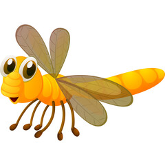 Cartoon Yellow Dragonfly With Big Eyes and Brown Wings Isolated on Transparent Background