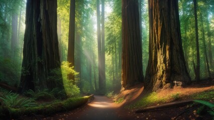 Path through a sunlit old-growth forest with towering trees, beams of light filtering