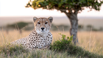 Majestic wild cheetah rests gracefully in tall grass under tree, showcasing its beautiful spotted coat and keen gaze. This serene moment captures essence of wild animals in their natural habitat