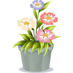 Potted plant with colorful flowers including pink purple and orange petals with green leaves in a gray pot on a white background