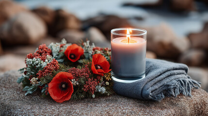 Candle and floral wreath on stone with cozy blanket near water